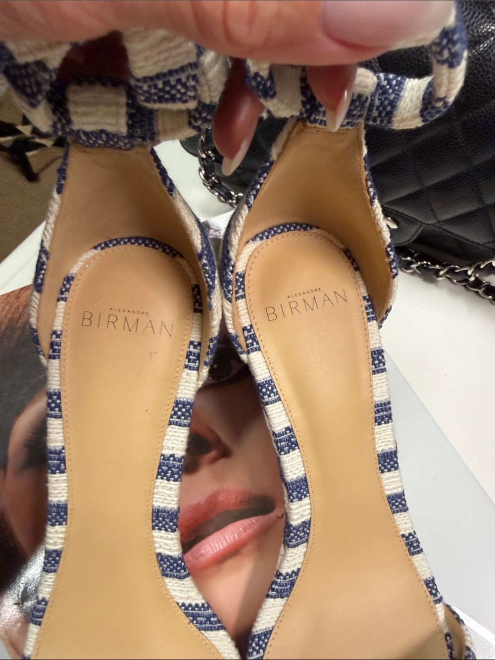 Alexandre Birman Navy & White Striped Tie-Ankle Heels - Picture 3 of 4